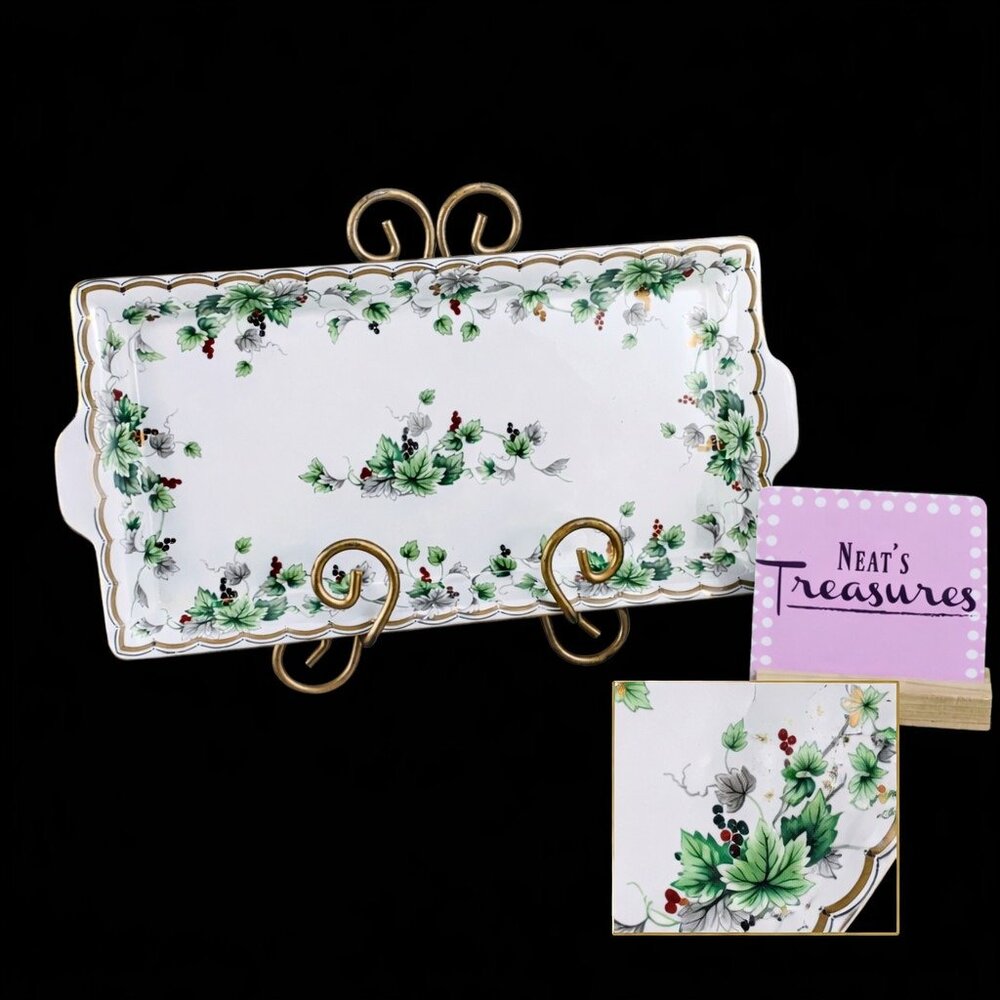 Burton & Burton For Fib Gold Trim Red Berries Green Gray Leaves Rectangle Tray